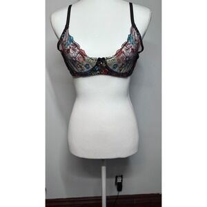 Womens Sheer Floral Embroidered Mesh Underwire Bra Black Multi Size Large